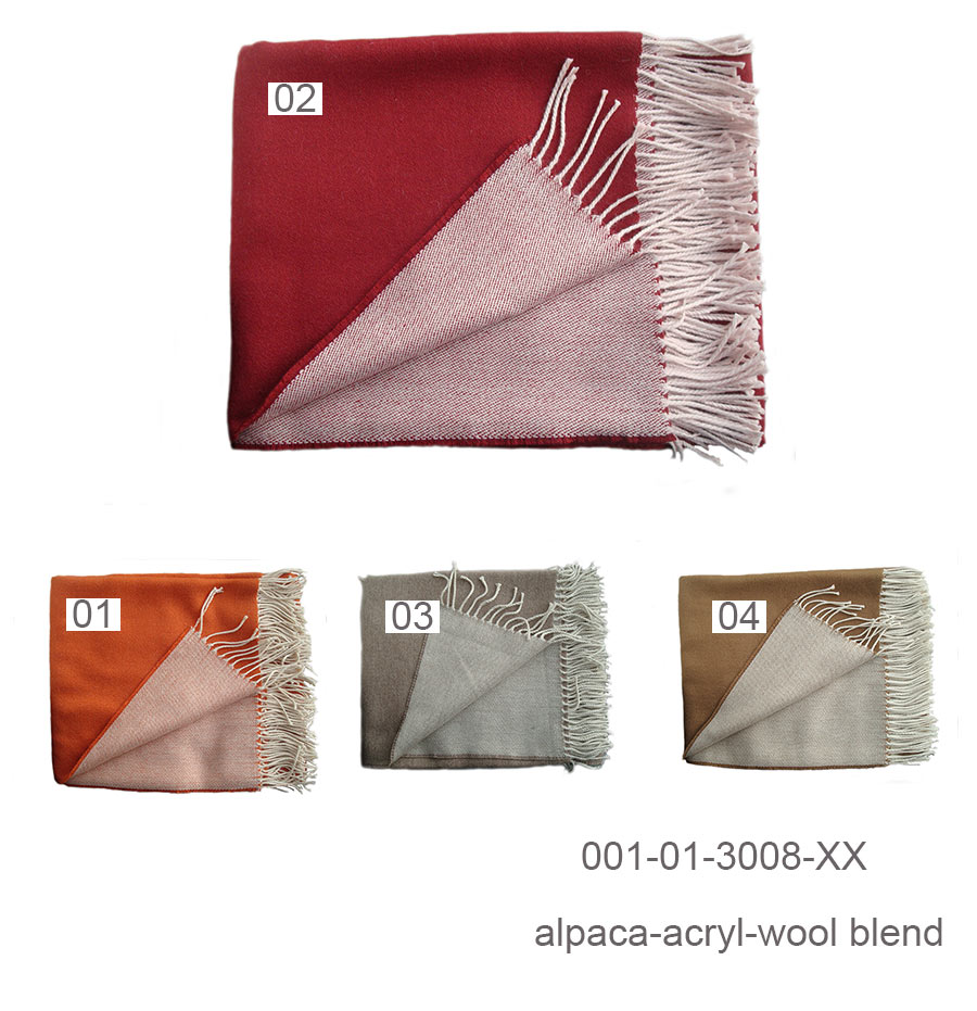 010-01-3008:  Plaid in alpaca blend dubbel, omkeerbaar in twee kleuren met franjes.