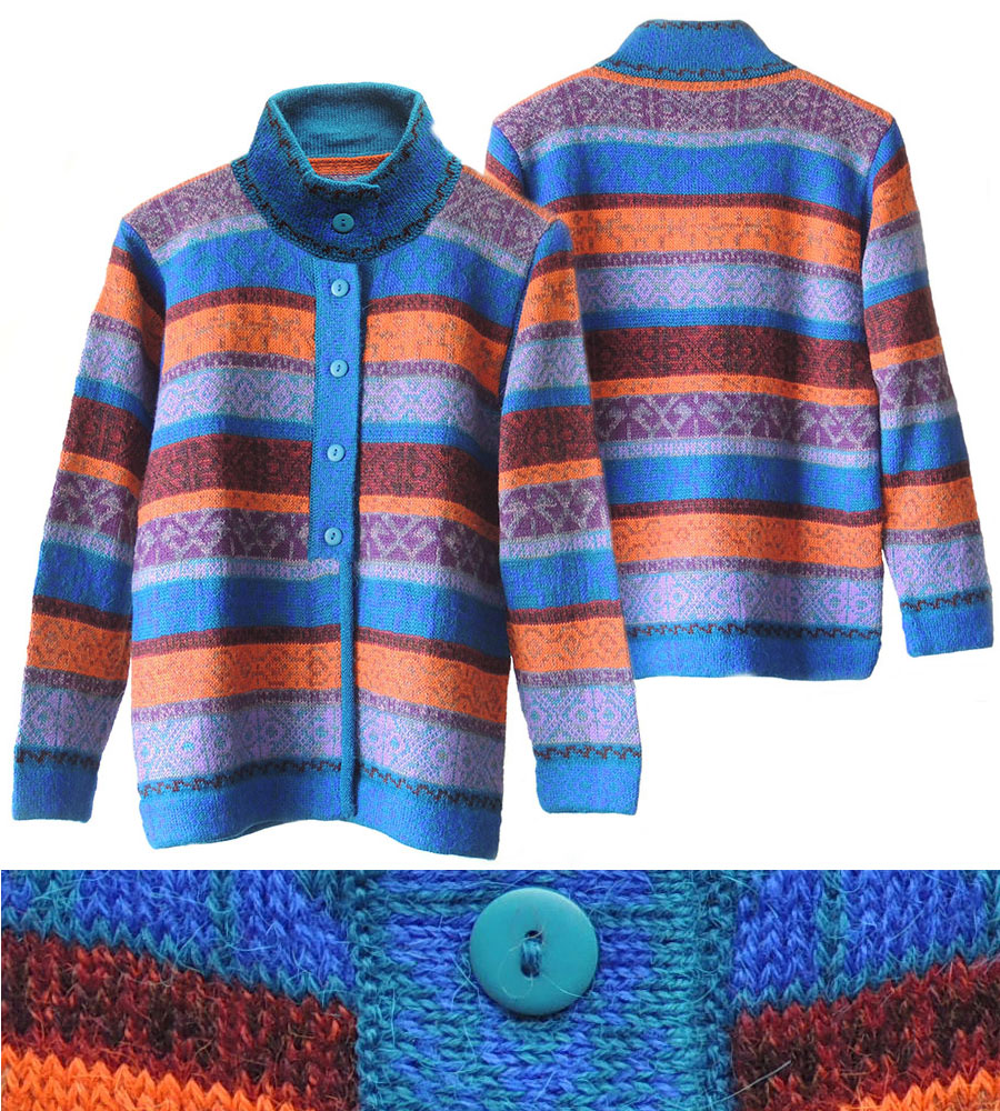 Multi colored cardigans P17 Muru with standing collar and button closure.