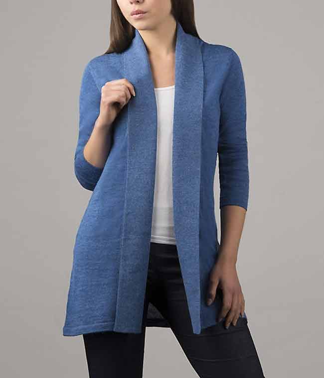 Classic fine knitted loose fit cardigan in luxurious ultra soft baby alpaca, blue.