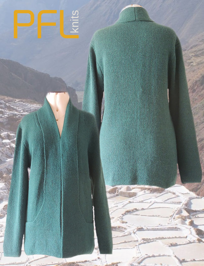 PFL Knits, classic, cardigan with open front and shawl collar which ends in the pockets