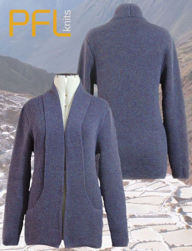 PFL Knits, classic, cardigan with open front and shawl collar which ends in the pockets,
