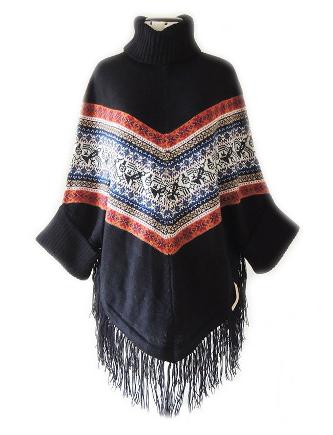 PFL cape with ethnic design, turtleneck, sleeves and fringes in alpaca blend.