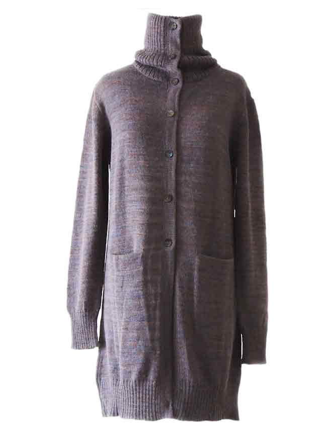 PFL knitwear, cardigan Janirta medium long, with button closure, high closing collar, 100% alpaca.