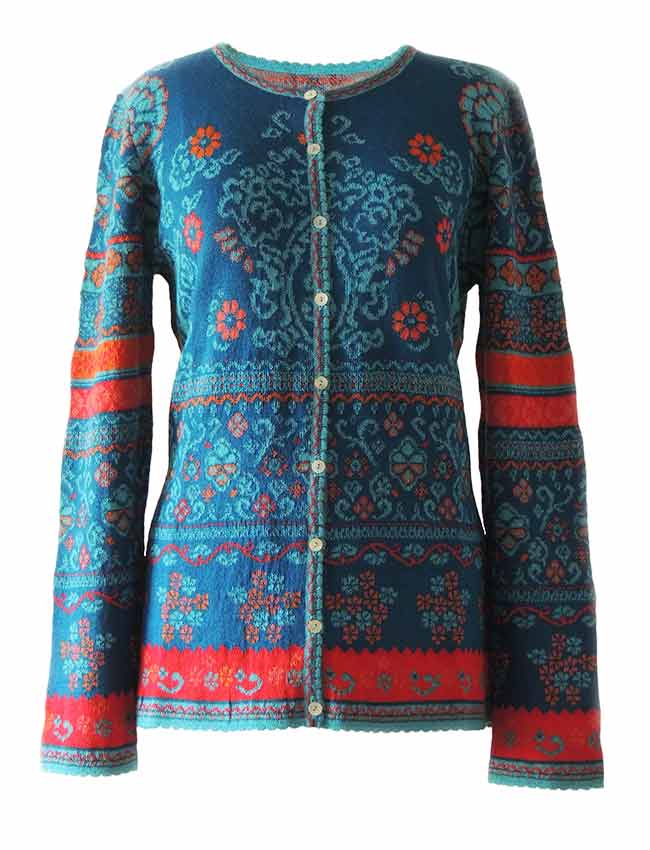 PFL knitwear cardigan Lucy blue-multi with color print in jacquard knit, round neck and button closure, in 100% baby alpaca wool