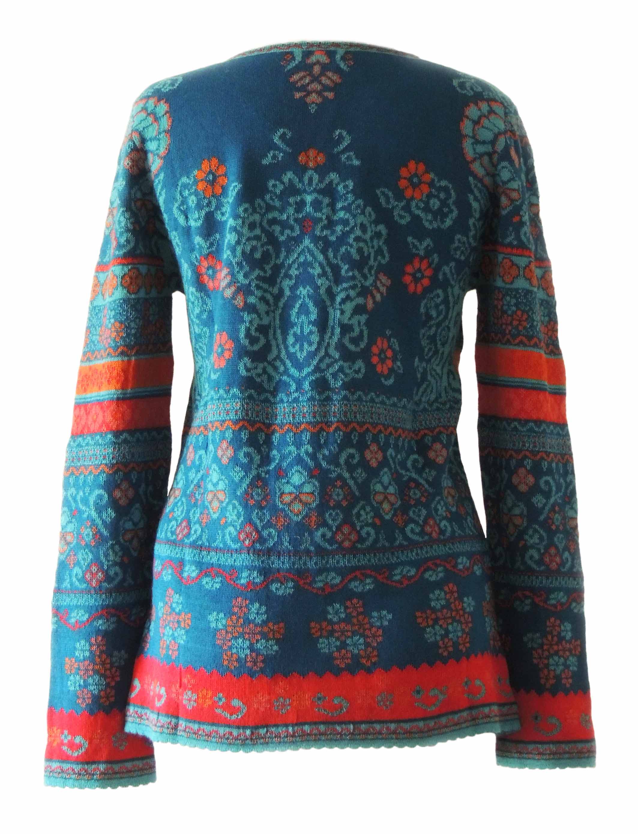 PFL knitwear cardigan Lucy blue-multi with color print in jacquard knit, round neck and button closure, in 100% baby alpaca wool