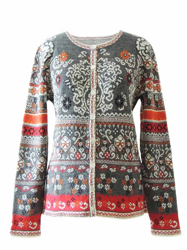 PFL knitwear cardigan Lucy grey-red-multi with color print in jacquard knit, round neck and button closure, in 100% baby alpaca wool