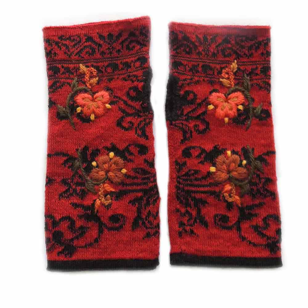 PopsFL Wirst warmers, fingerless gloves with embroidered flower detail, alpaca blend