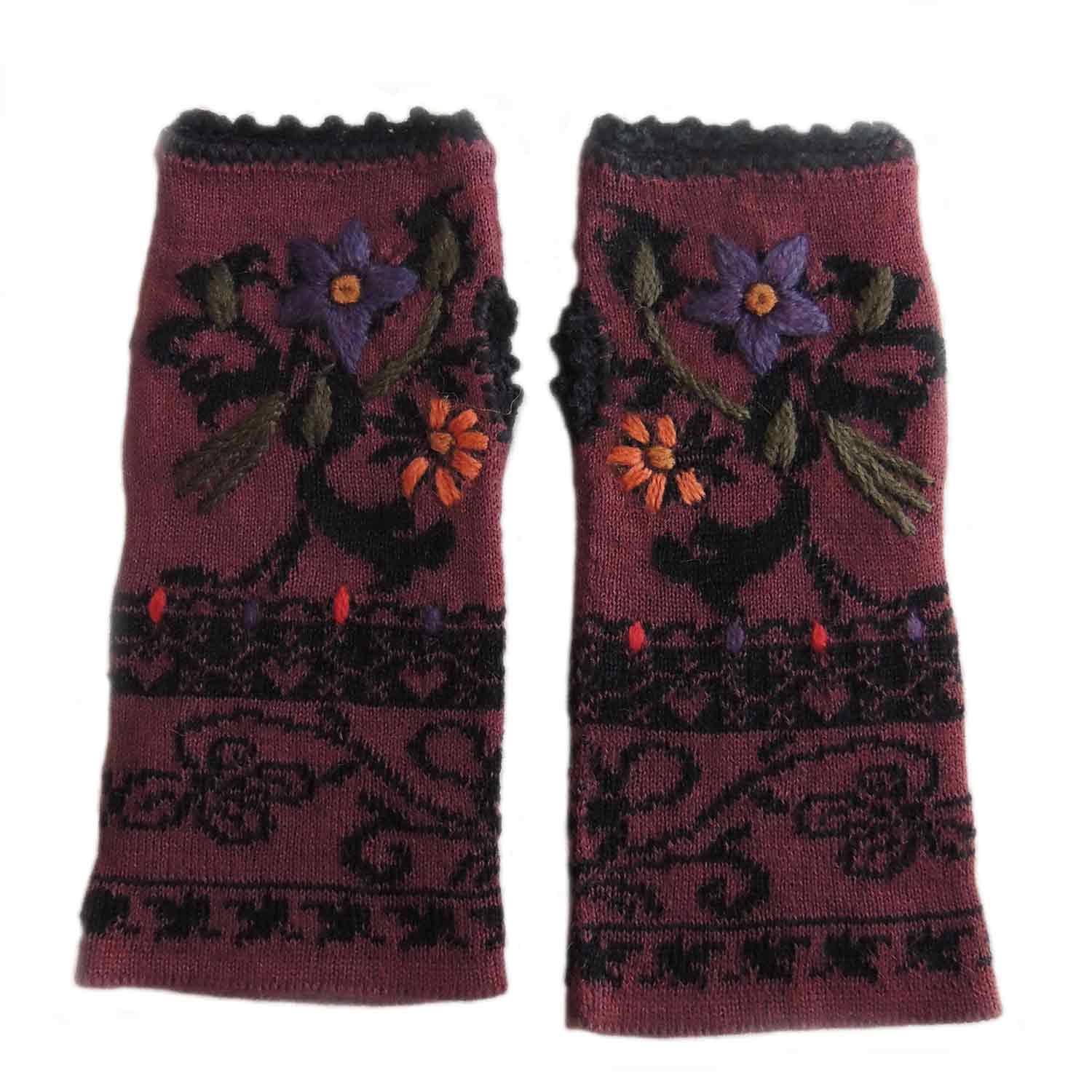 PopsFL Wirst warmers, fingerless gloves with embroidered flower detail, alpaca blend