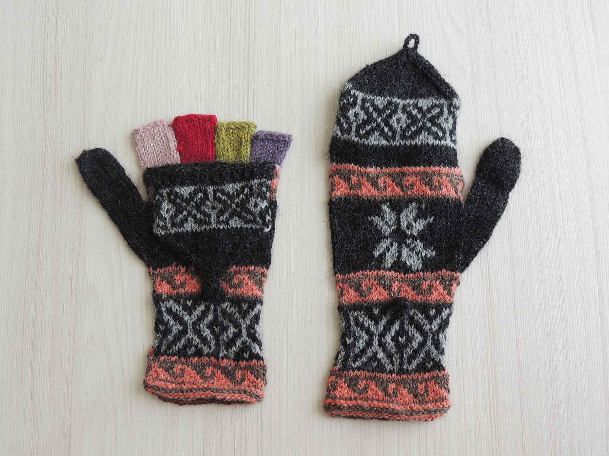 PopsFL knitwear producer wholesale Convertible fingerless mittens 100% alpaca hand knitted multi color natural dyes, fingerless gloves