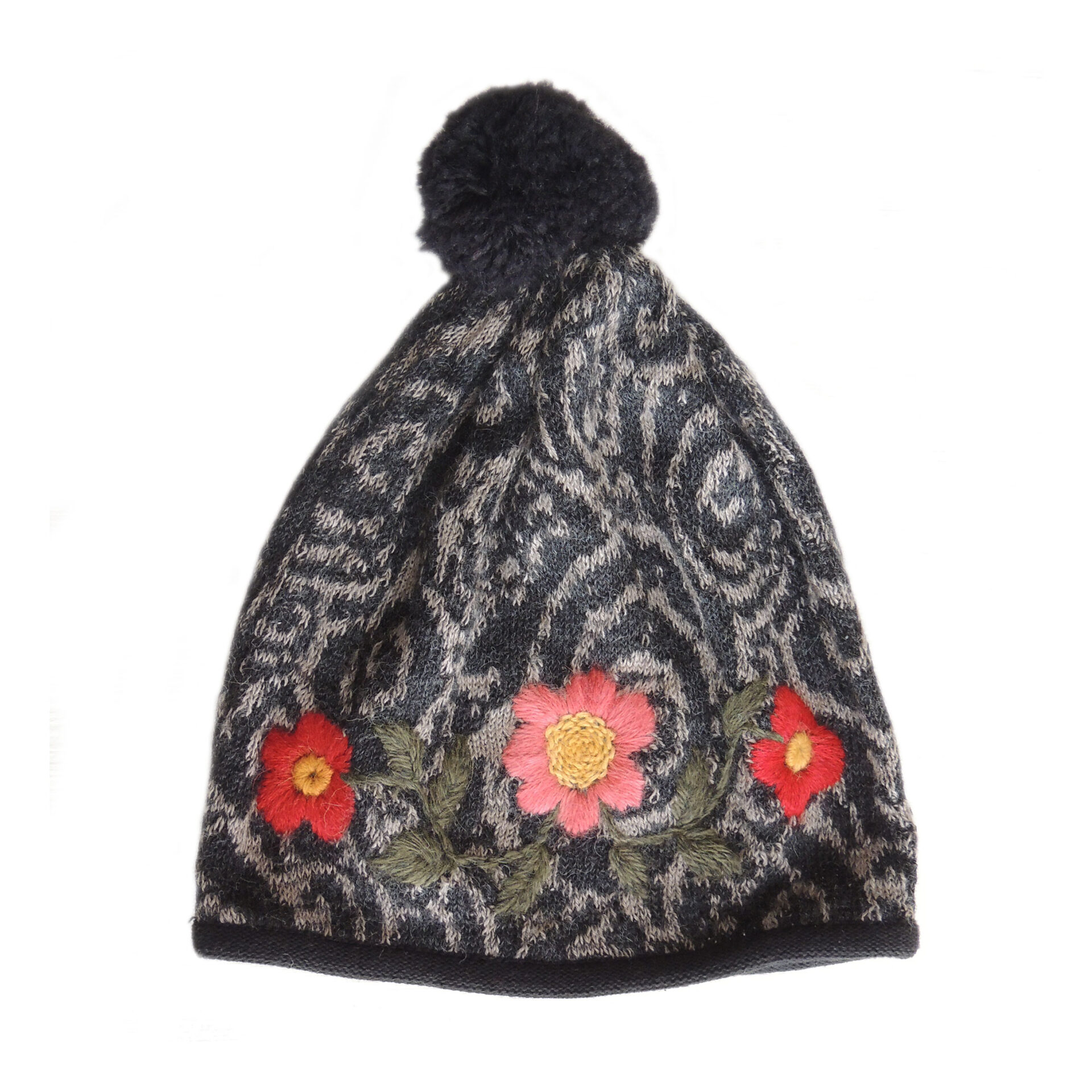 PopsFL wholesale producer PFL Knitwear jacquard knitted beanie with embroided detail and pompon.