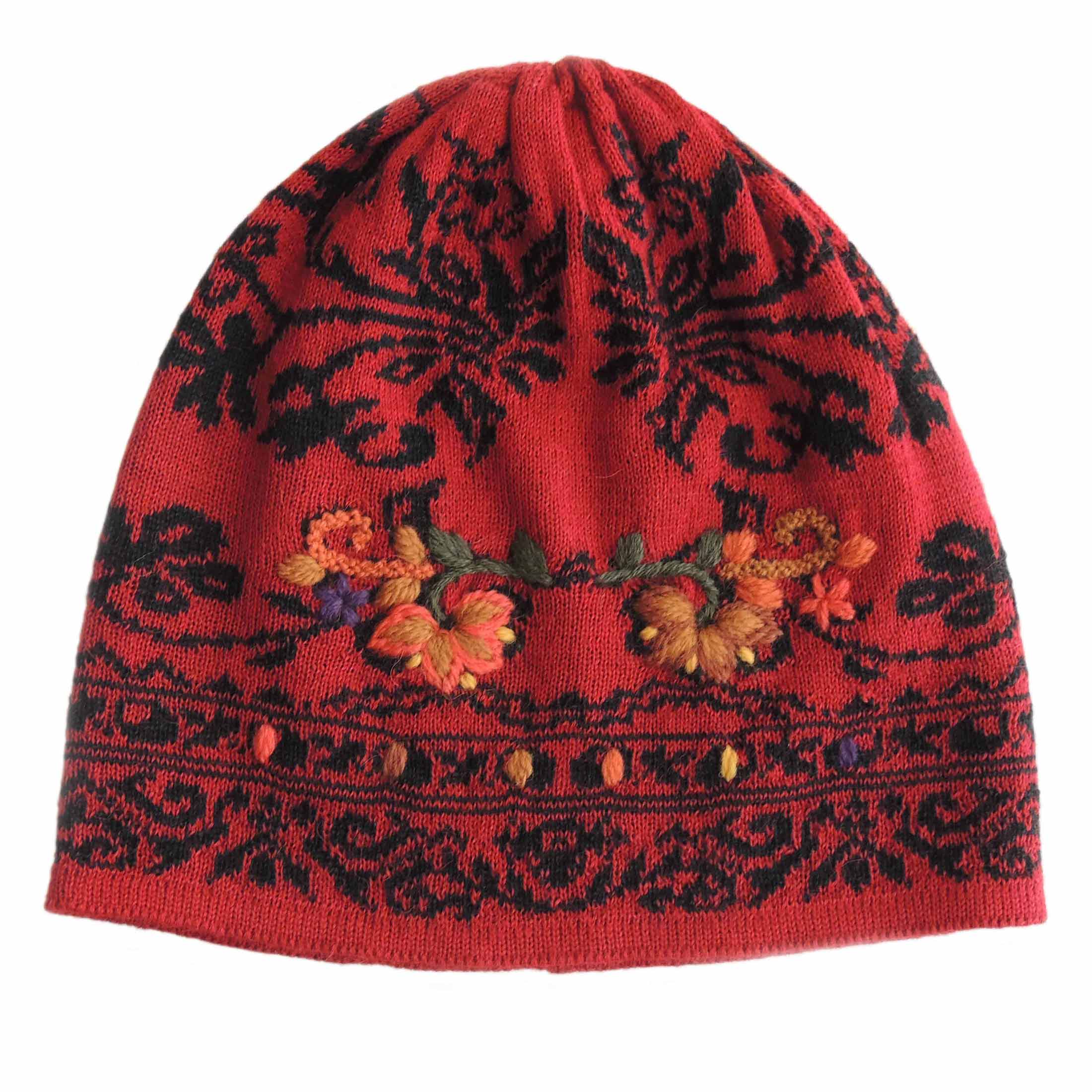 PopsFL wholesale producer PFL Knitwear jacquard knitted womens beanie - hat with hand embroided flower details.