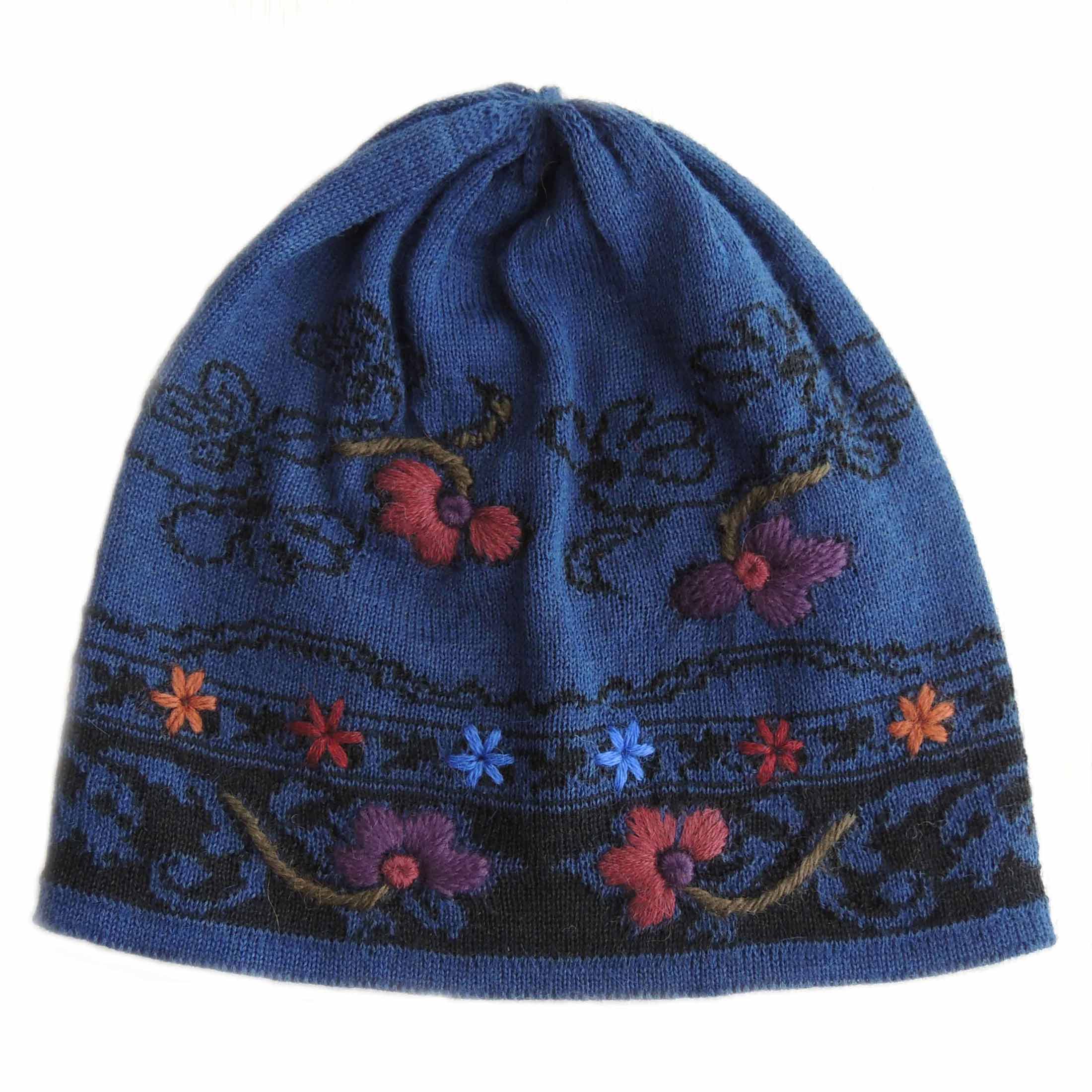 PopsFL wholesale producer PFL Knitwear jacquard knitted womens beanie - hat with hand embroided flower details.