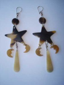 PFL Earrings, handmade polished bulls horn with star and crescents