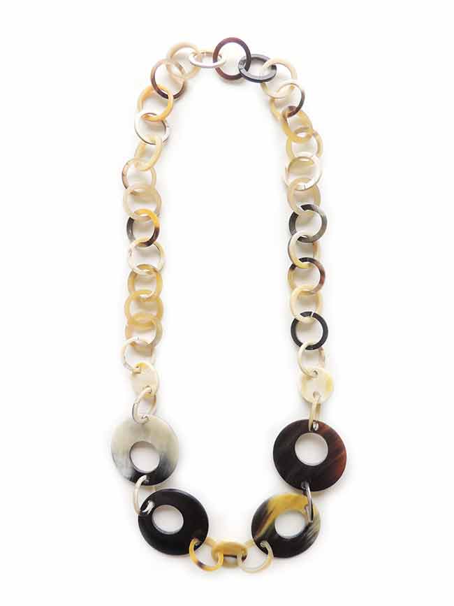 PFL necklace with large and little round links made of polished bulls horn.
