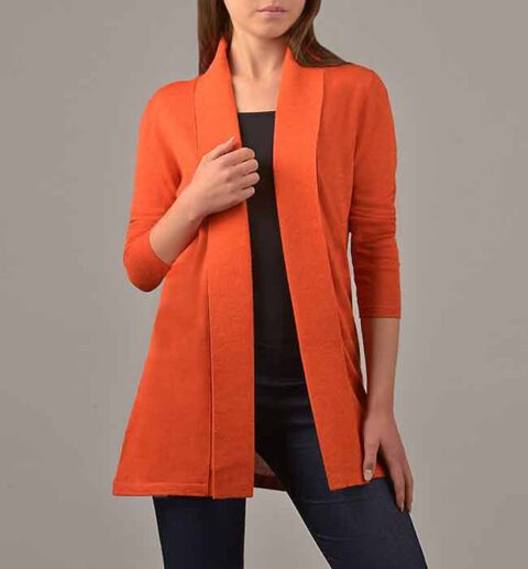Classic fine knitted loose fit cardigan in luxurious ultra soft baby alpaca, orange