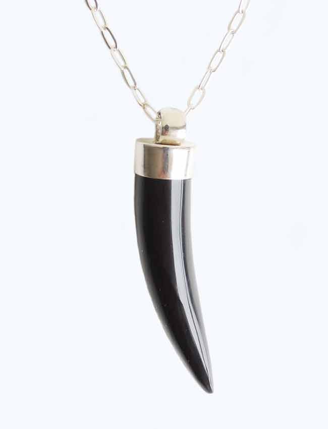 PFL Premium, handmade necklace of silver 950 pendant in tooth form of black onyx stone combined with silver 950.