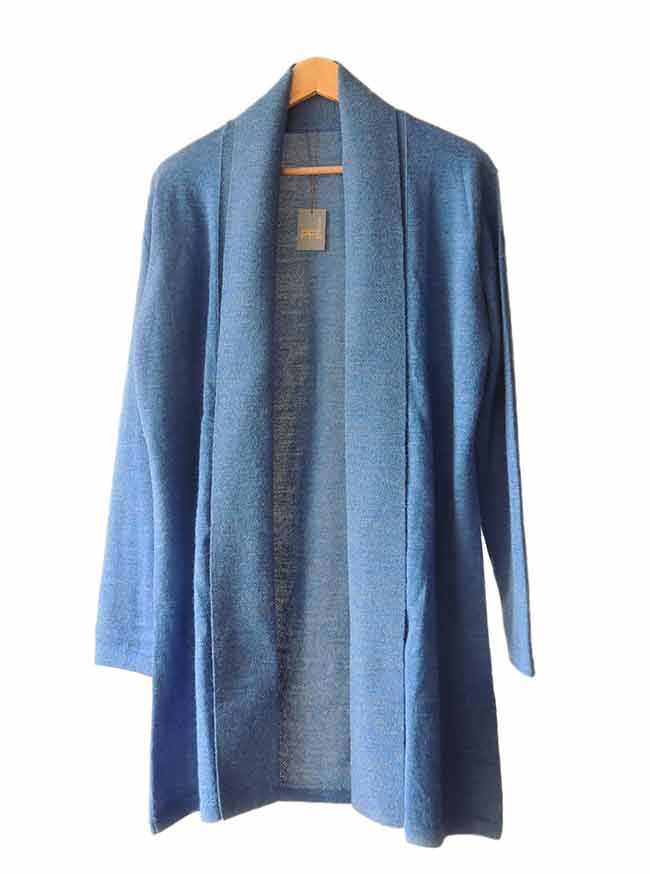 Classic fine knitted loose fit cardigan in luxurious ultra soft baby alpaca, blue.