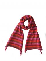 PFL scarf in baby alpaca, red with multi colored stripe motif.