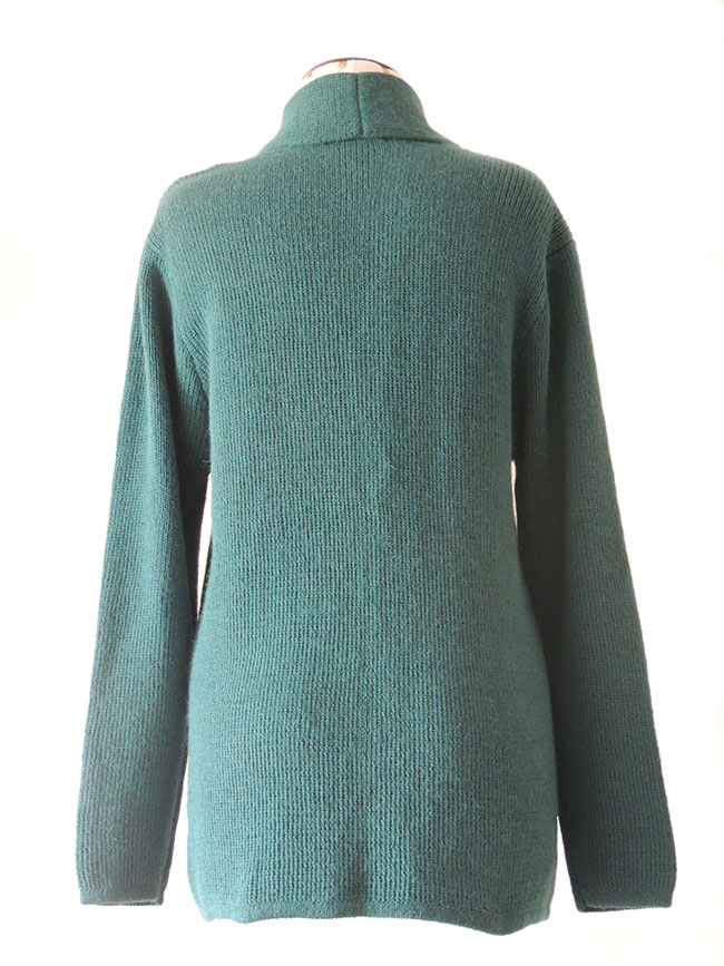 PFL Knits, classic, cardigan with open front and shawl collar which ends in the pockets