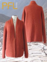 PFL Knits, classic, cardigan with open front and shawl collar which ends in the pockets, smoothly minimizes any figure type!