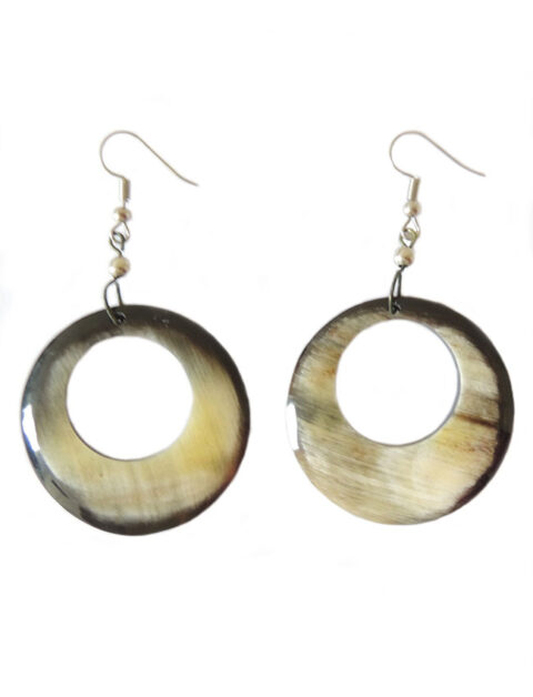 PFL, round earrings made from polished buffalo horn, lightweight.