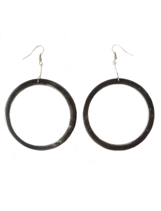 PFL, large round earrings made from polished buffalo horn, lightweight.