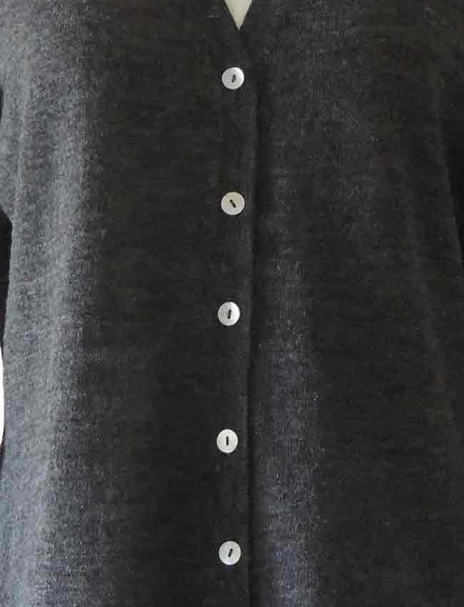 dark grey with V-Neck and mother of pearl button button closure in baby alpaca
