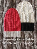 PFL Knitwear wholesale, Reversible beanies, cable pattern, baby alpaca.