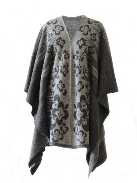 Ruana, cape with floral motif in gray tones Jacquard knitted in alpaca