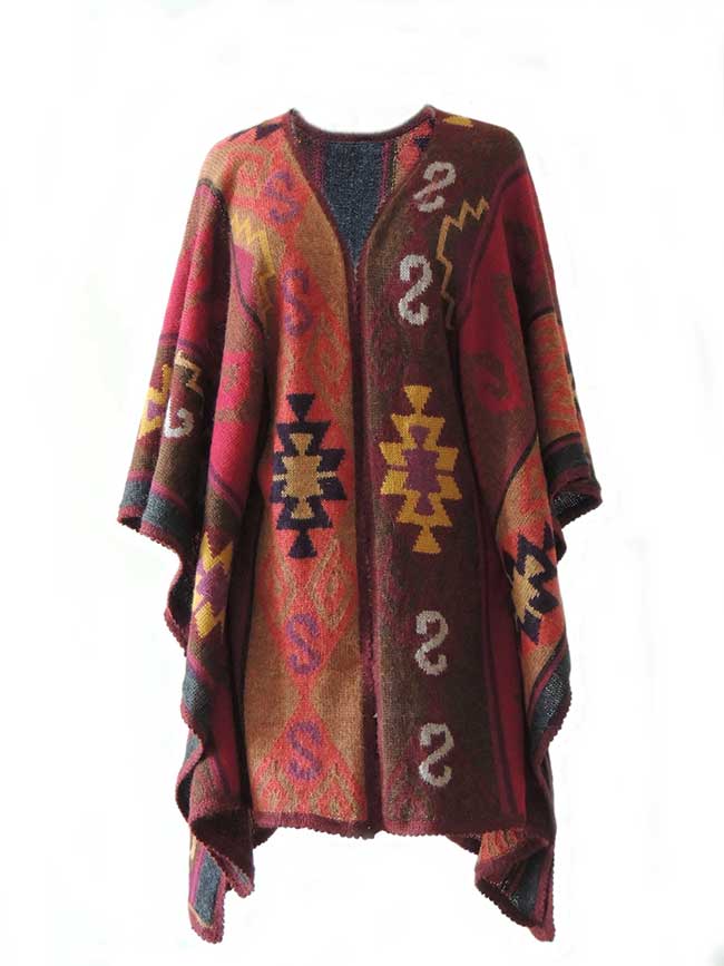 Ruana cape with graphic pattern multi color 100% alpaca.