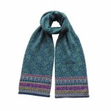 PFL knitwear Double knitted scarf Susan with jacquard flower pattern, in super soft 100% baby alpaca, turquoise blue.