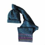 PFL knitwear Double knitted scarf Susan with jacquard flower pattern, in super soft 100% baby alpaca, turquoise blue.