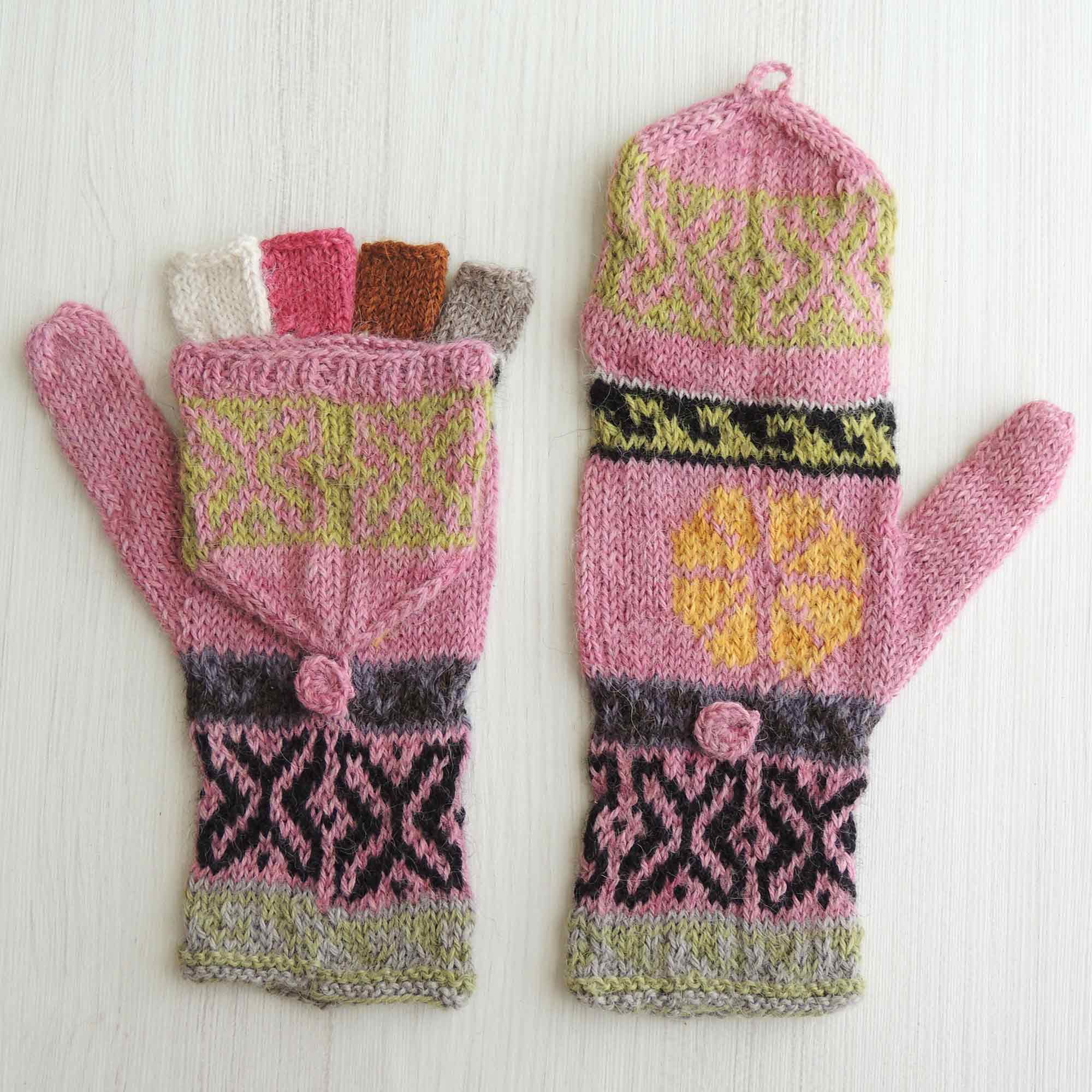 PopsFL knitwear producer wholesale Convertible fingerless mittens 100% alpaca hand knitted multi color natural dyes, fingerless gloves