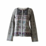PopsFL knitwear wholesale Women's cardigan jacquard knitted with hand embroidered details 100% baby alpaca.