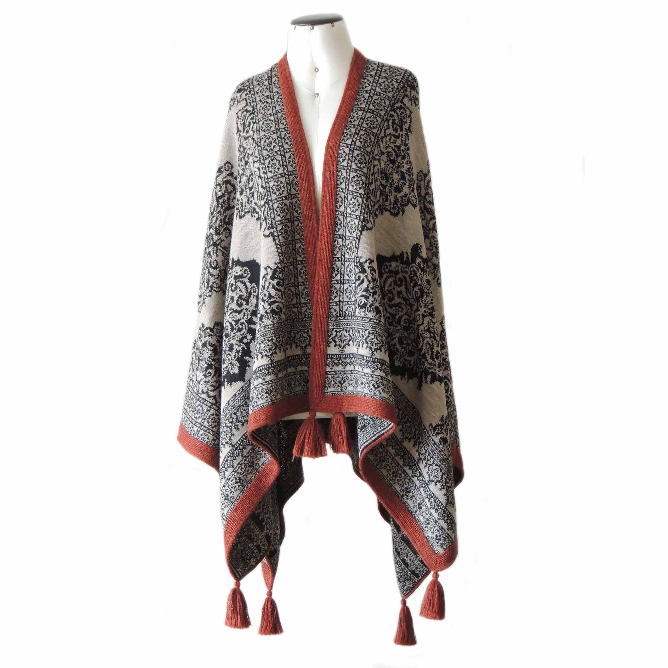 PopsFL knitwear wholesale Women's ruana - wrap reversible jacquard knitted with pattern and tassels 100% baby alpaca.