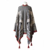 PopsFL knitwear wholesale Women's ruana - wrap reversible jacquard knitted with pattern and tassels 100% baby alpaca.