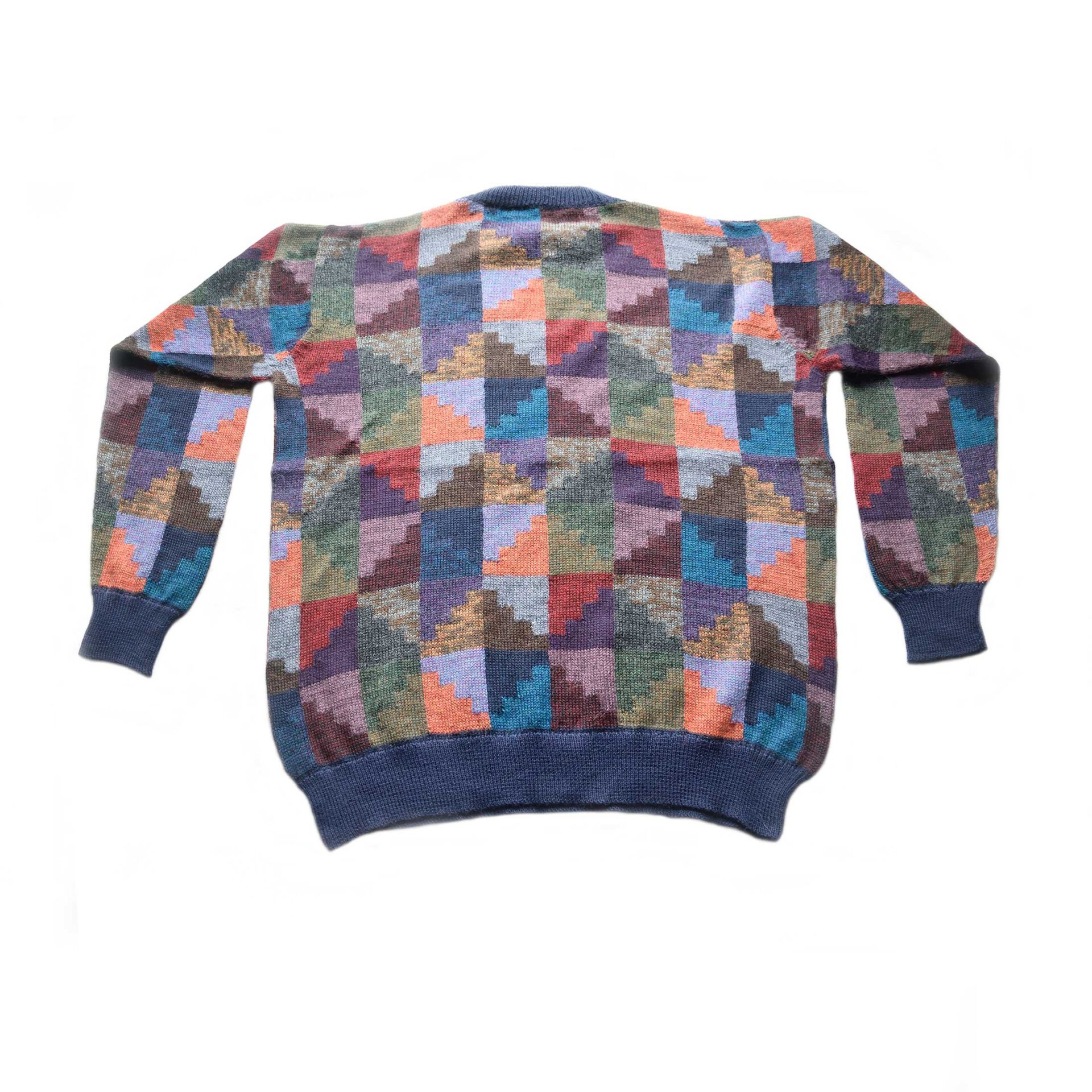 PopsFL Knitwear wholesale Men sweater with all over colorful graphic pattern, crew neck 100% alpaca. 