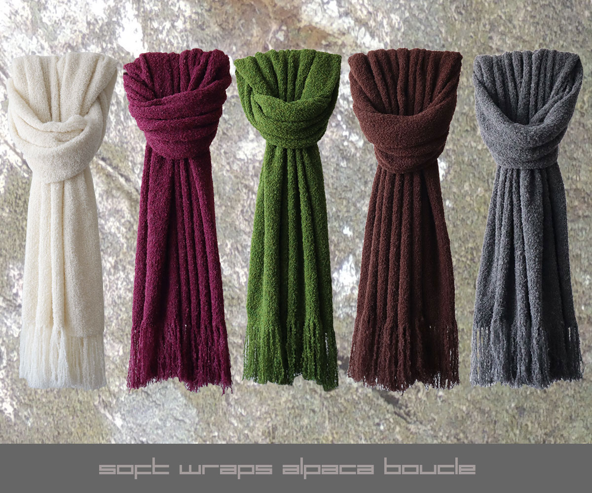 PFL knitwear alpaca boucle wraps, shawls, scarf