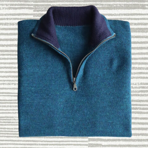 PopsFL knitwear manufacturer wholesale Men's quarter zip sweater with high collar, baby alpaca.