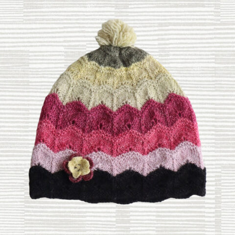 PopsFL knitwear manufacturer wholesaleWomen's beanie baby alpaca with pom pom, embroidered flower.